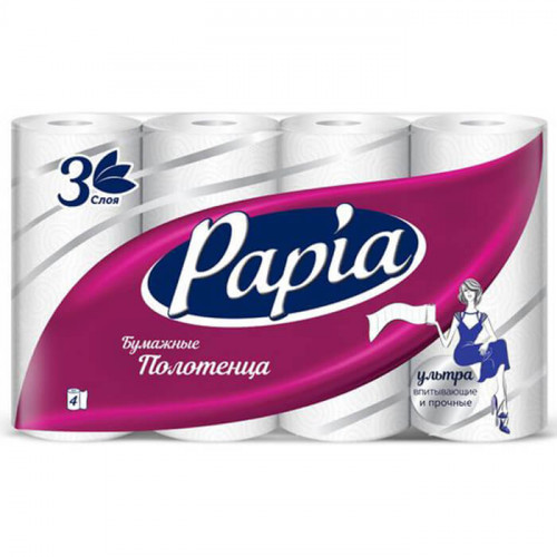 Полотенца бумажные Papia белые 3 слоя, 4 рулона  